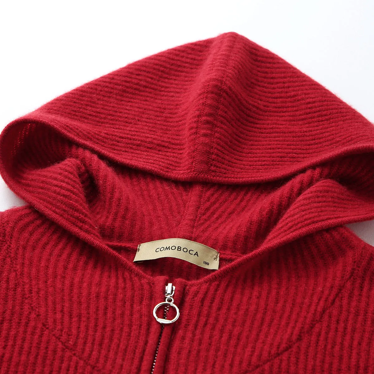 100% Cashmere Cozy Ribbed Zipper Knit Cardigan Hoodie