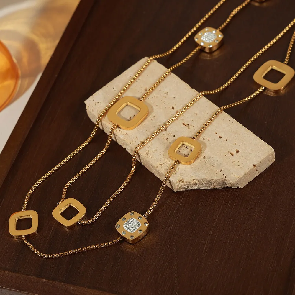 18K gold exquisite and dazzling geometric shape necklace with sweater chain design and light luxury style