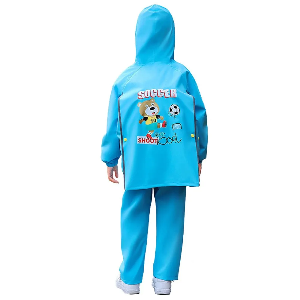 2 pcs Blue Soccer Ted,Full Shirt and Full Pants style Raincoat for Kids