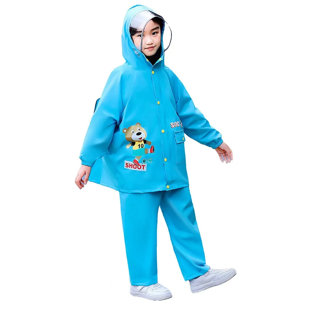 2 pcs Blue Soccer Ted,Full Shirt and Full Pants style Raincoat for Kids