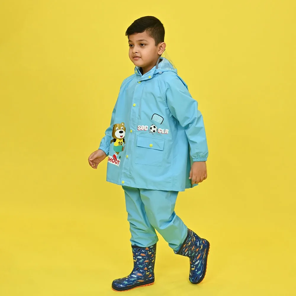 2 pcs Blue Soccer Ted,Full Shirt and Full Pants style Raincoat for Kids