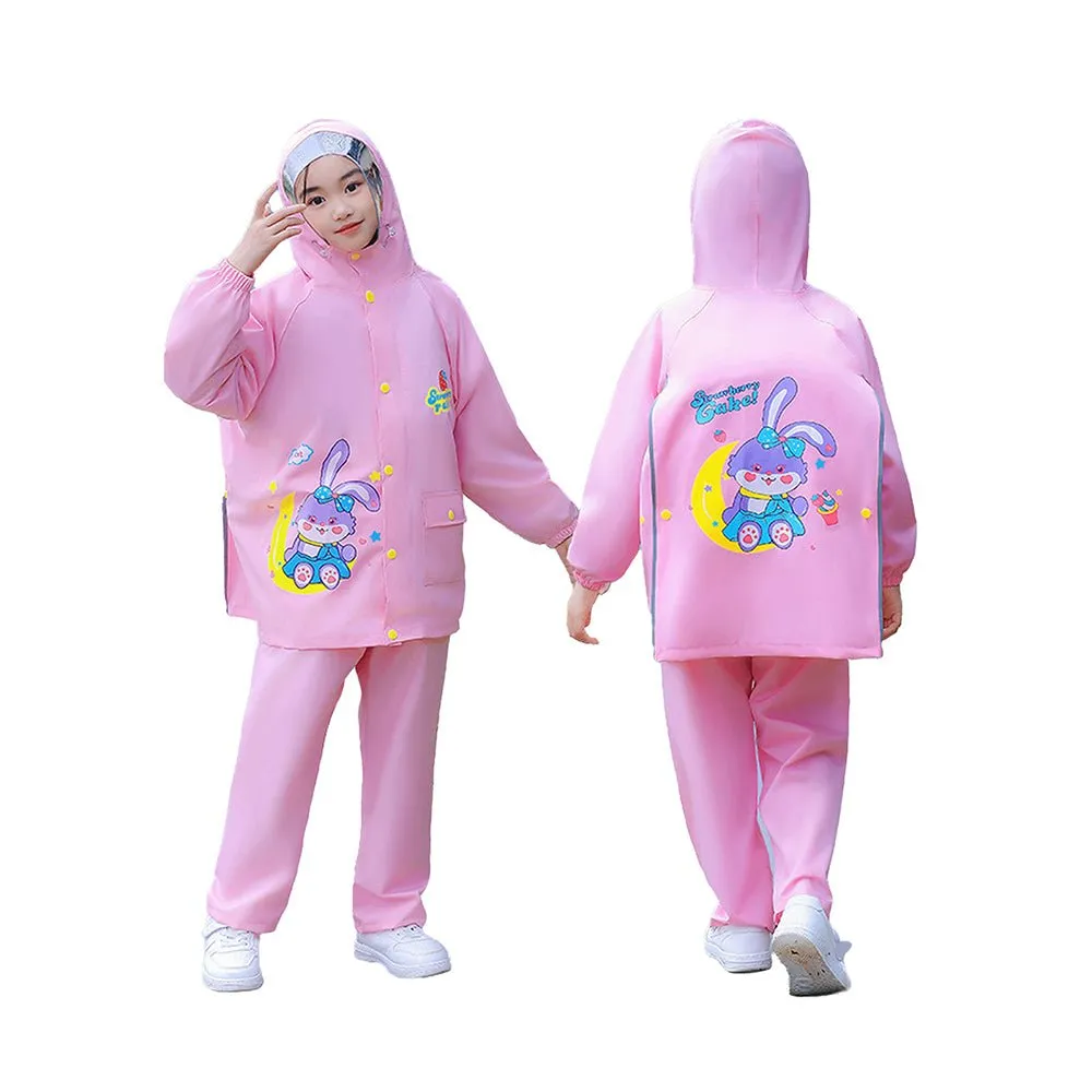 2 pcs Pink Rabbit Moon Full Shirt and Full Pants style Raincoat for Kids