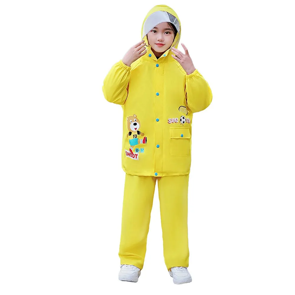 2 pcs Yellow Soccer Ted,Full Shirt and Full Pants style Raincoat for Kids-XL