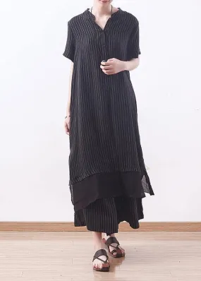 2021 copper ammonia silk stitching chiffon black striped shirt wide leg pants casual suit