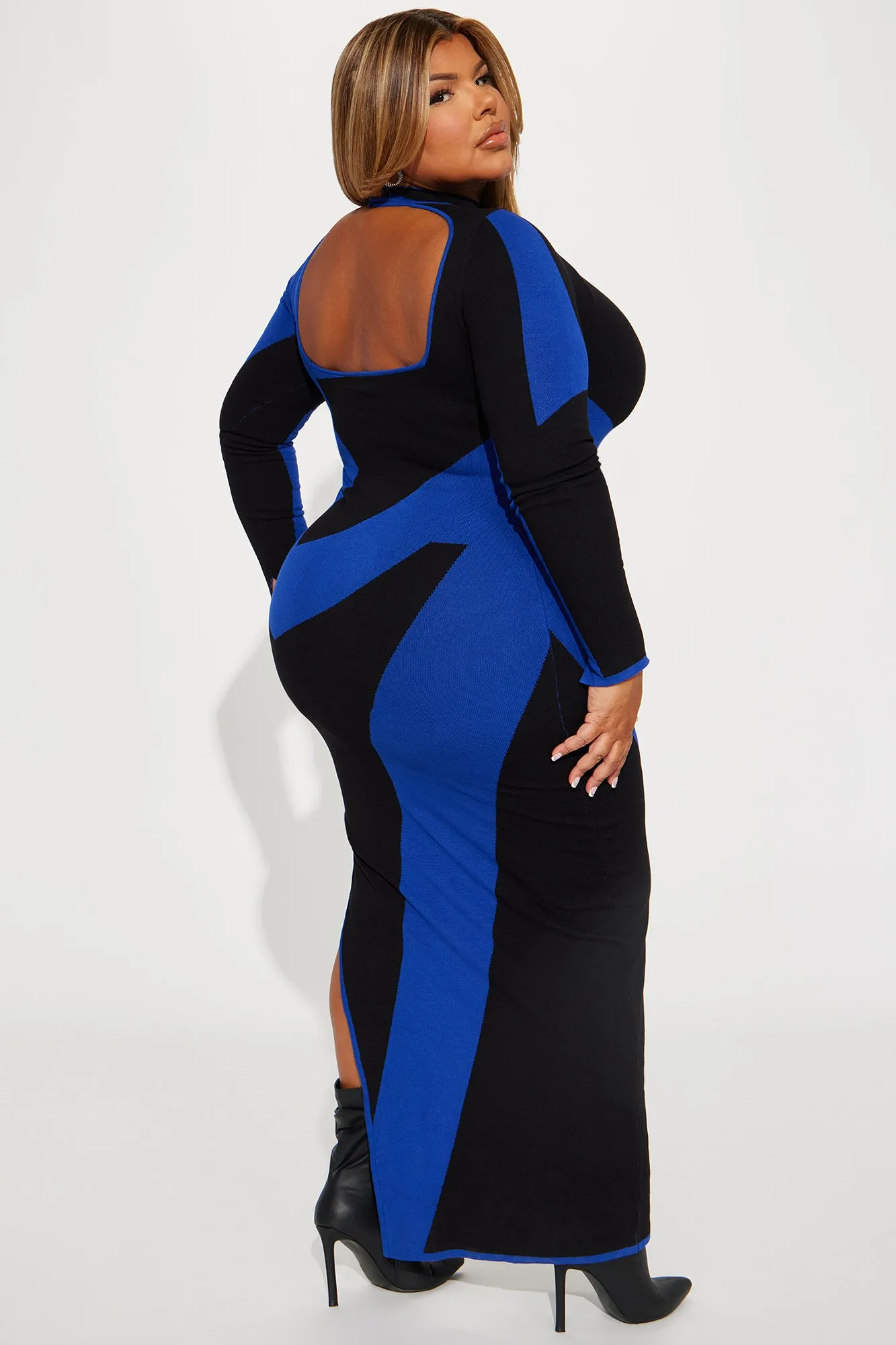 Abstract Long Sleeve Maxi Dress - Royal/combo