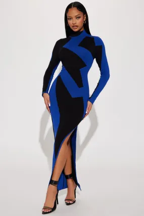 Abstract Long Sleeve Maxi Dress - Royal/combo