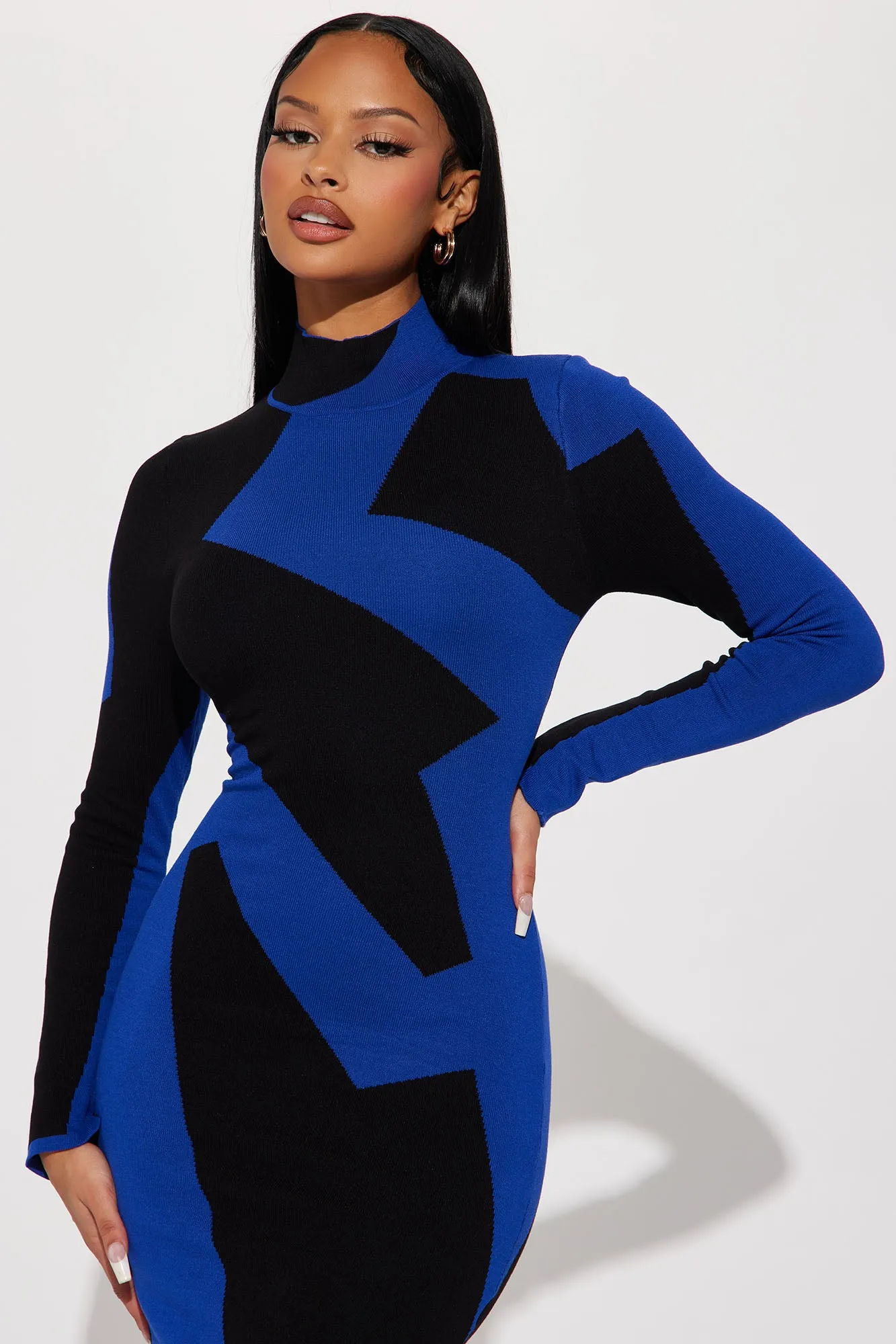 Abstract Long Sleeve Maxi Dress - Royal/combo