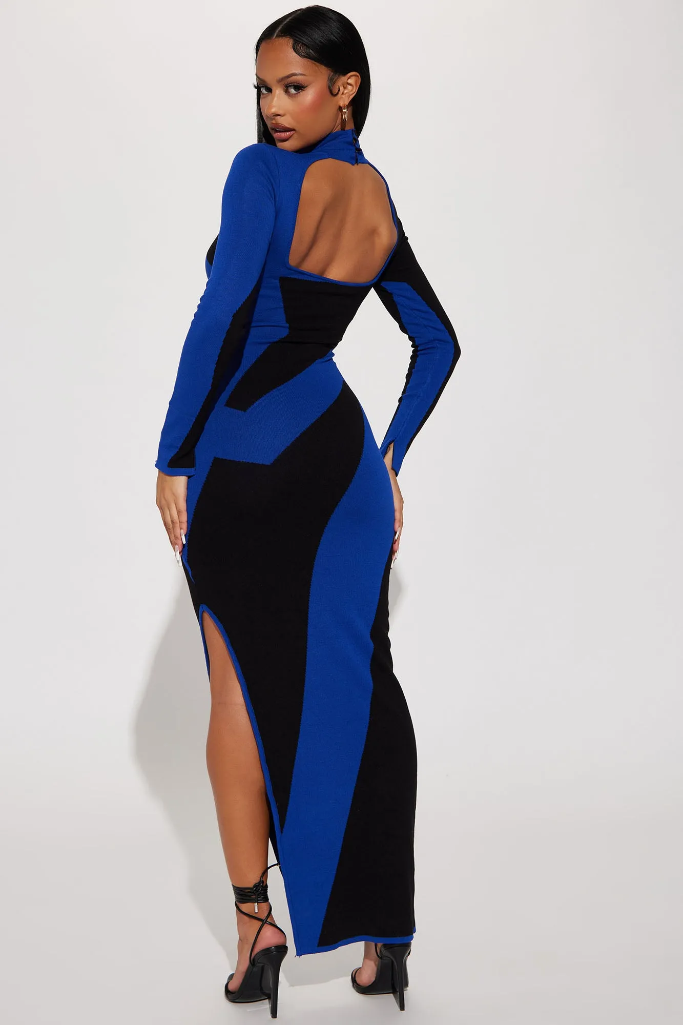 Abstract Long Sleeve Maxi Dress - Royal/combo