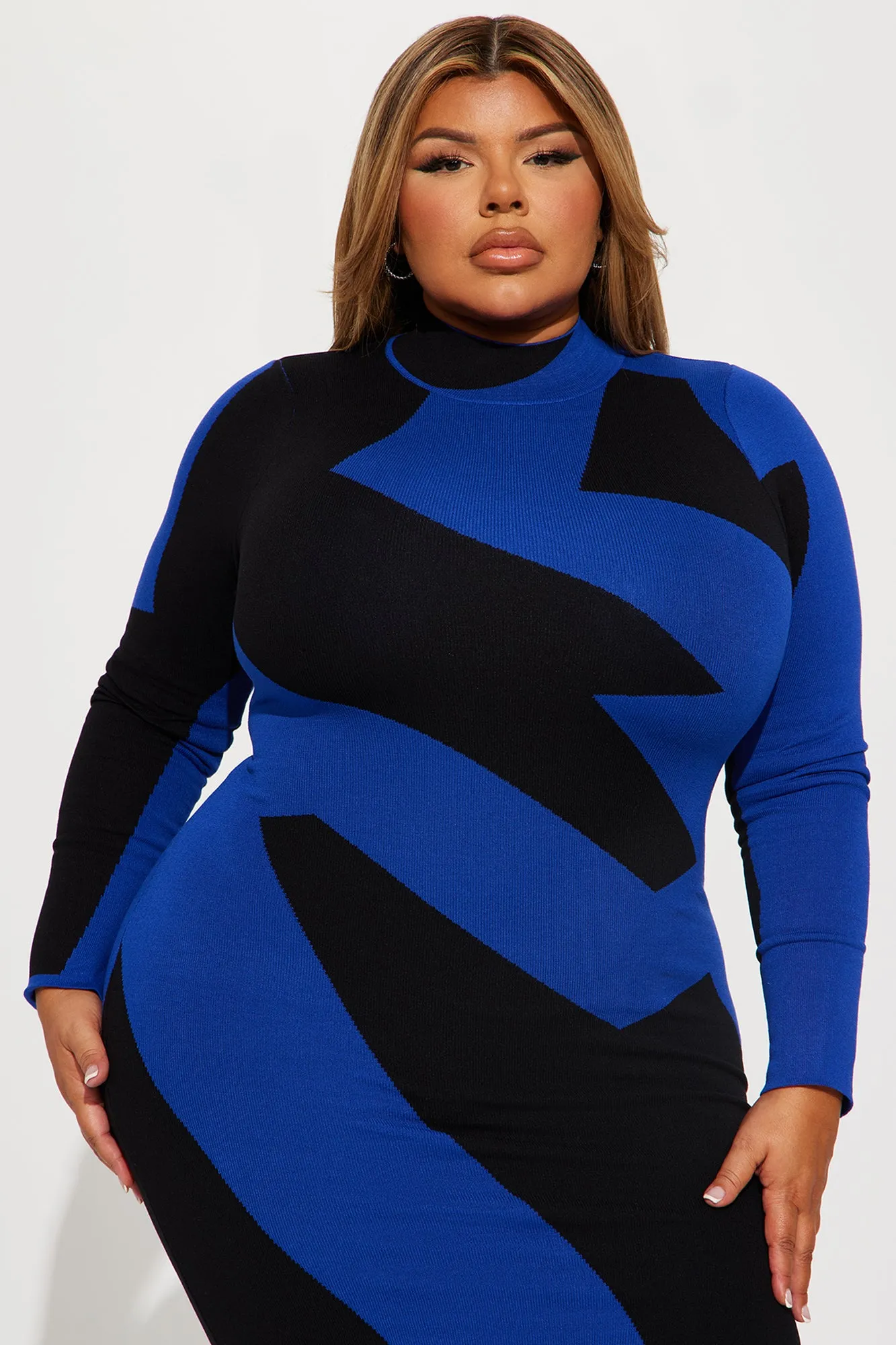 Abstract Long Sleeve Maxi Dress - Royal/combo