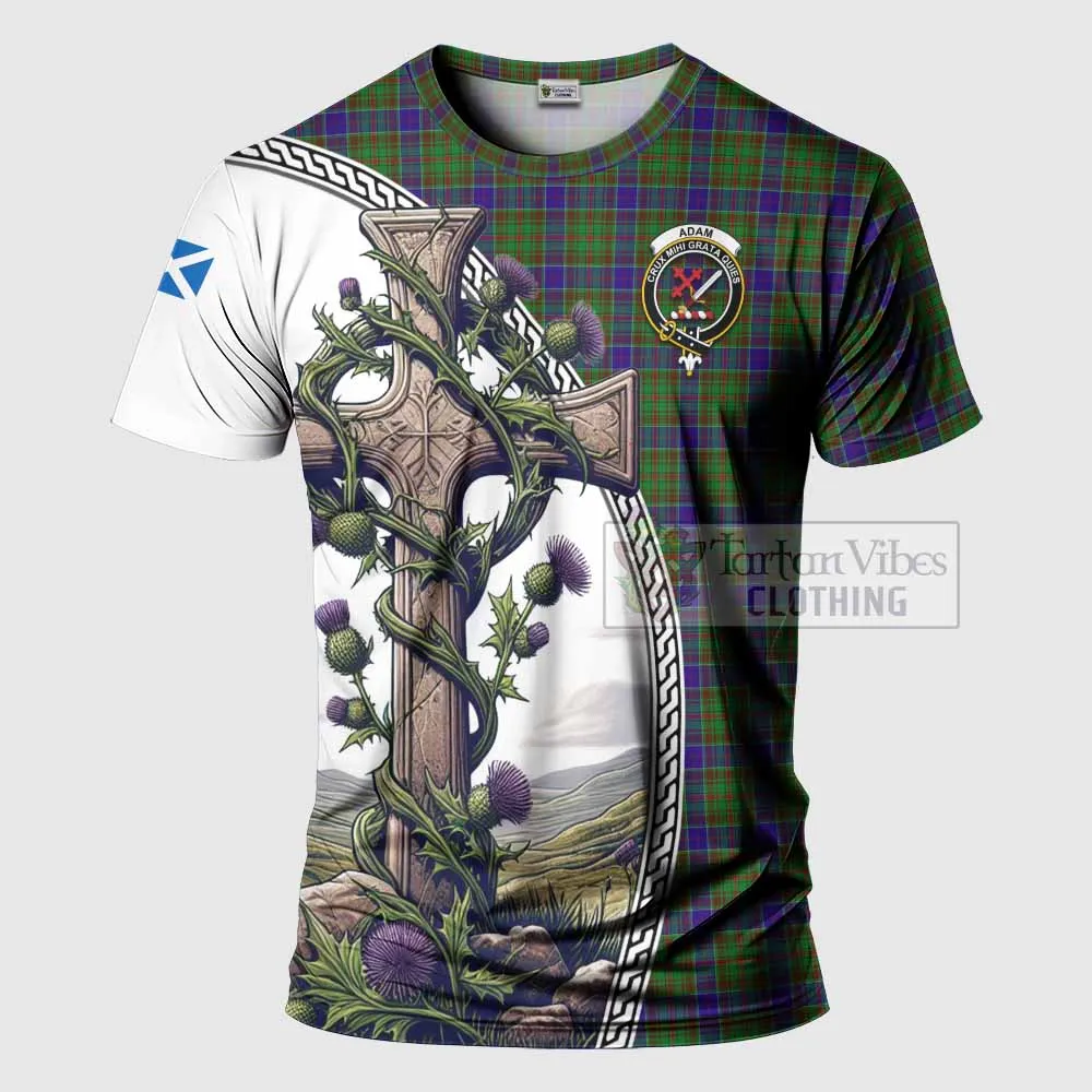 Adam Tartan T-Shirt with Family Crest and St. Andrew's Cross Accented by Thistle Vines