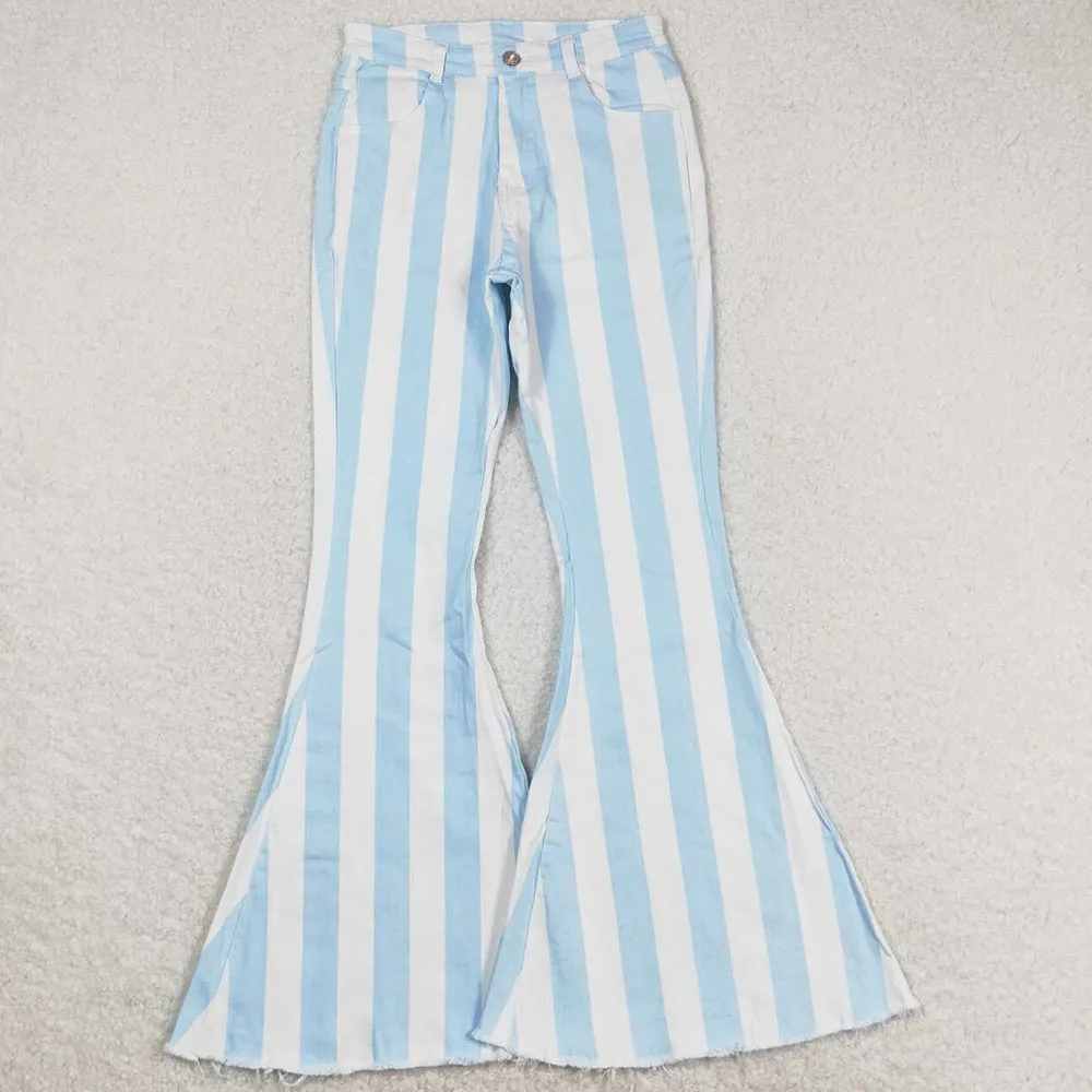 Adult Women Jeans Pants Blue Stripes Denim Bell Pants P0458