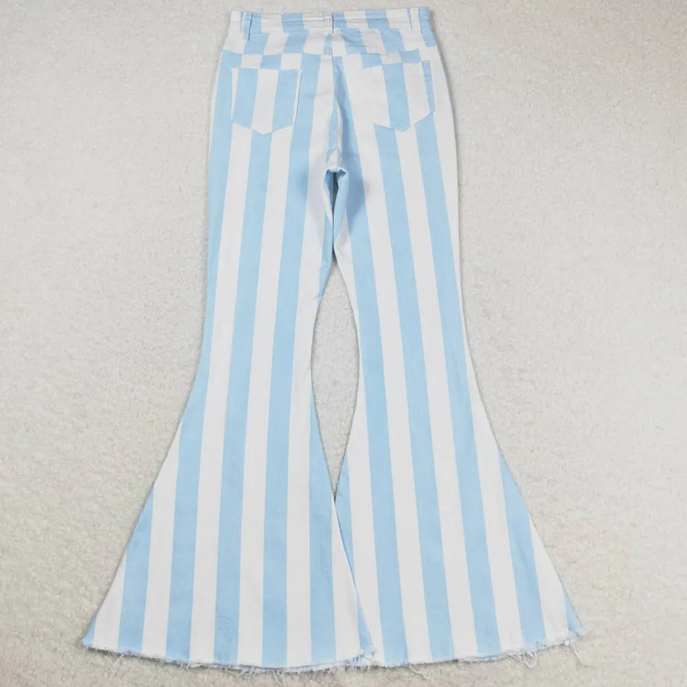 Adult Women Jeans Pants Blue Stripes Denim Bell Pants P0458