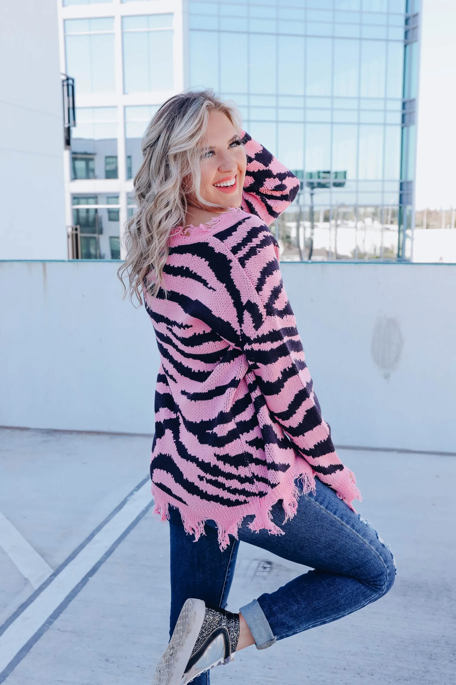 Alexia Distressed Zebra Sweater - Pink