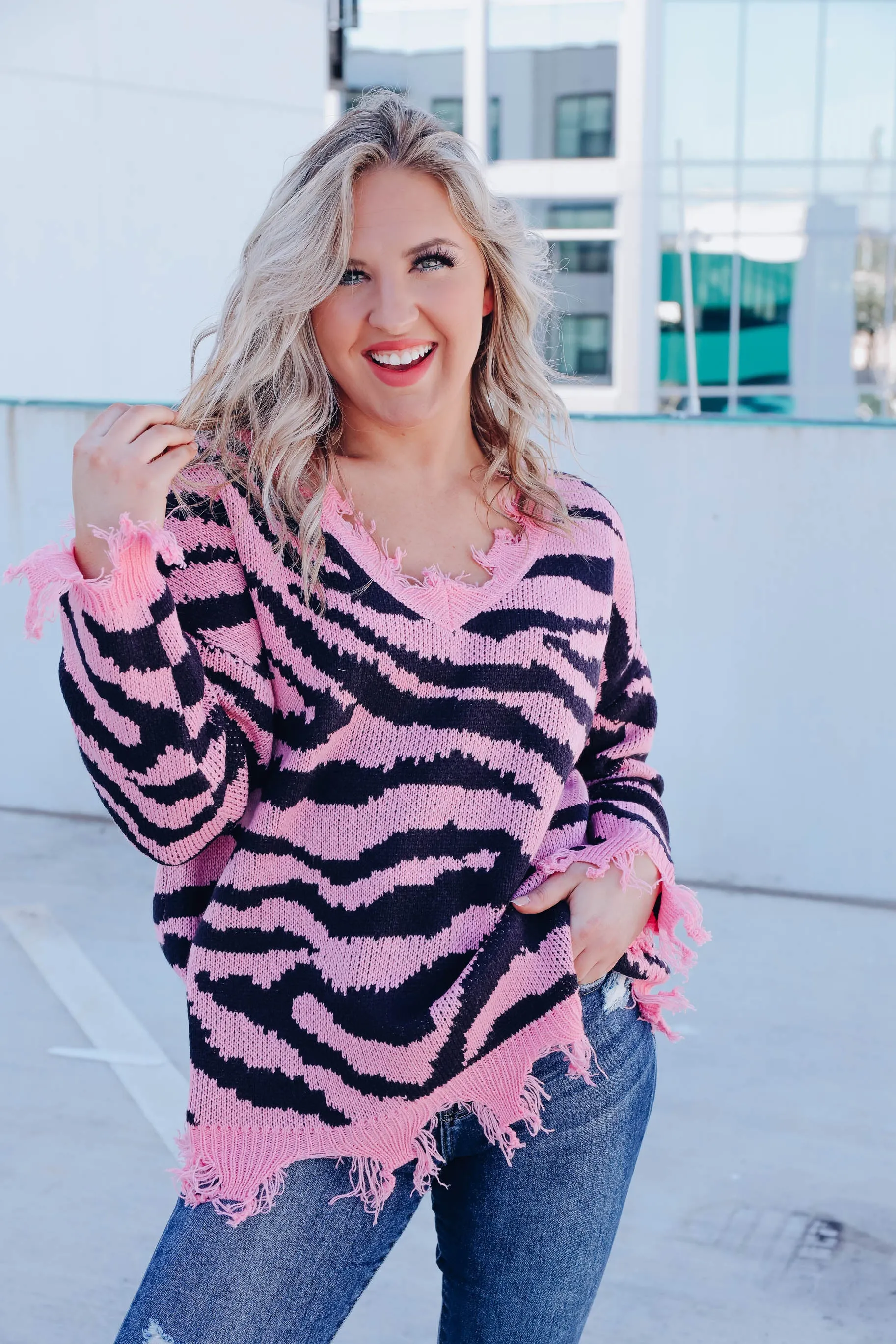 Alexia Distressed Zebra Sweater - Pink