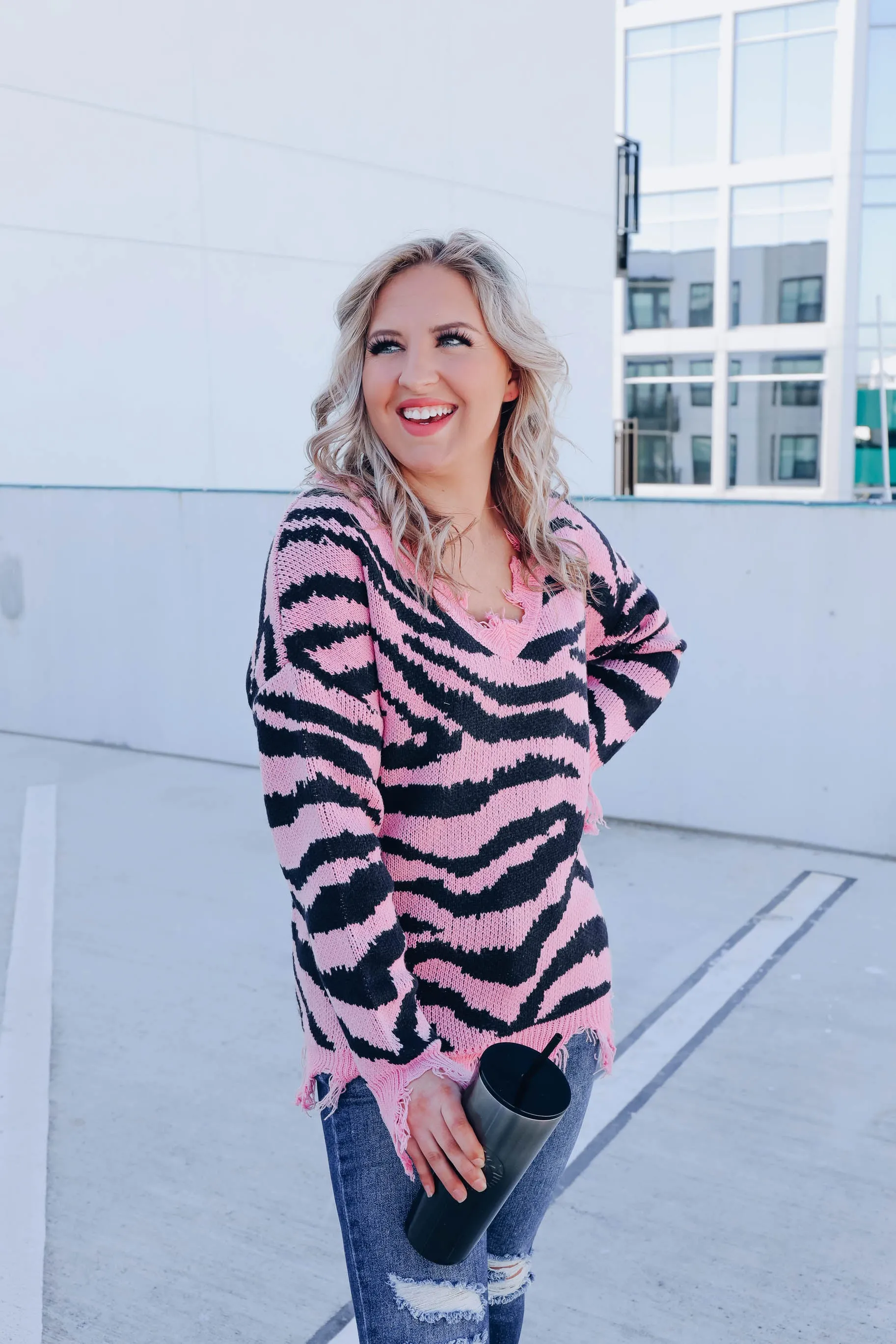 Alexia Distressed Zebra Sweater - Pink