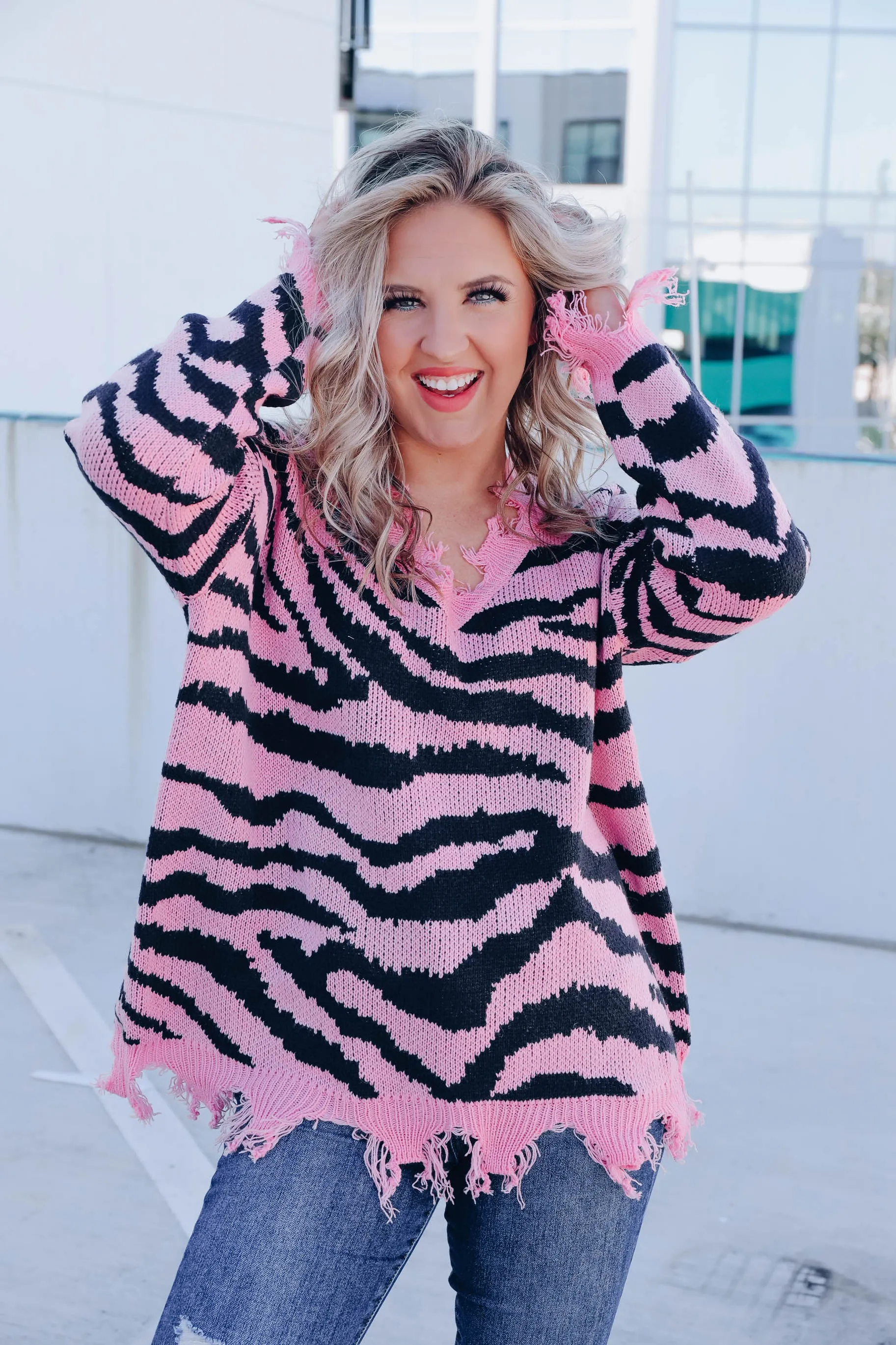 Alexia Distressed Zebra Sweater - Pink