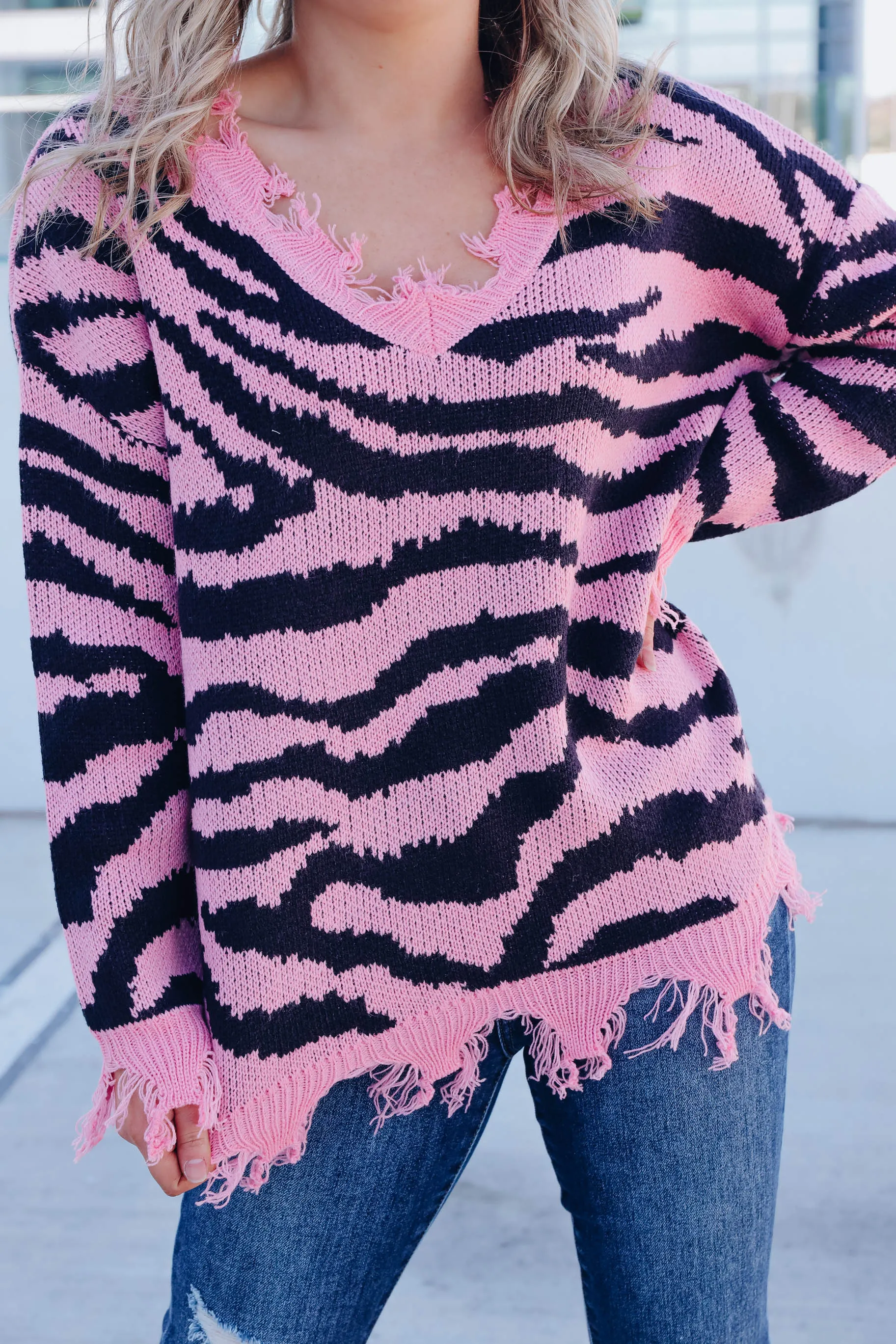 Alexia Distressed Zebra Sweater - Pink