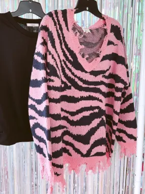 Alexia Distressed Zebra Sweater - Pink