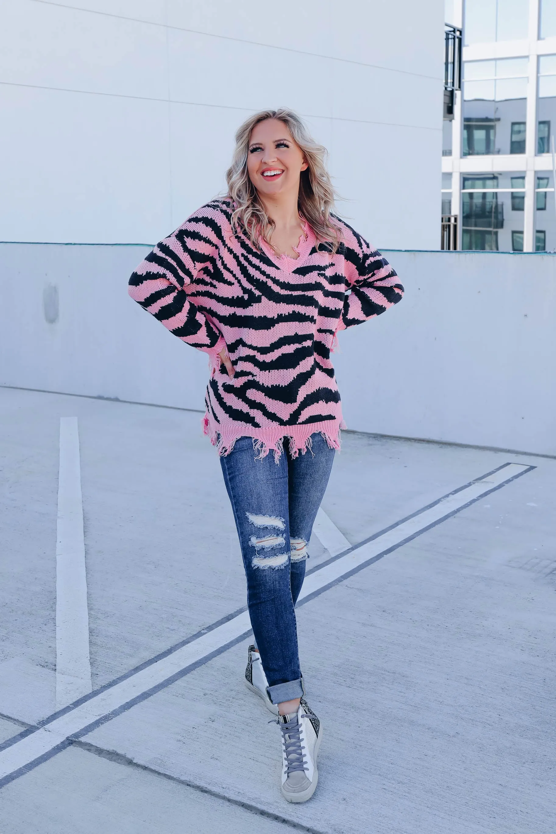 Alexia Distressed Zebra Sweater - Pink