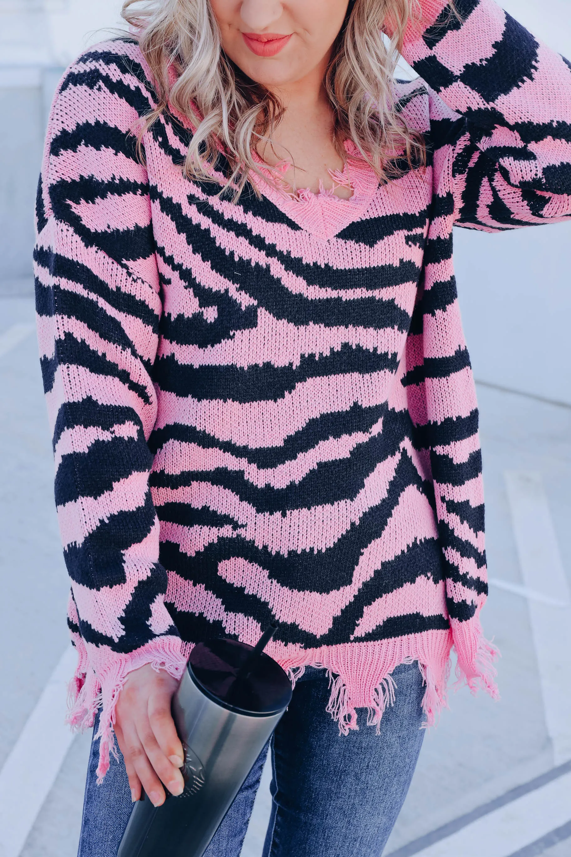 Alexia Distressed Zebra Sweater - Pink