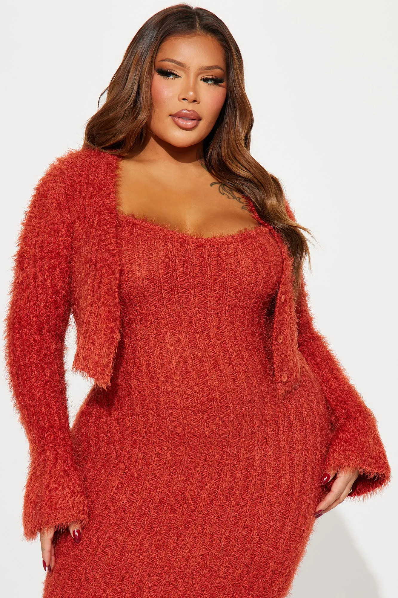 All Fuzzy Sweater Maxi  Dress Set - Rust