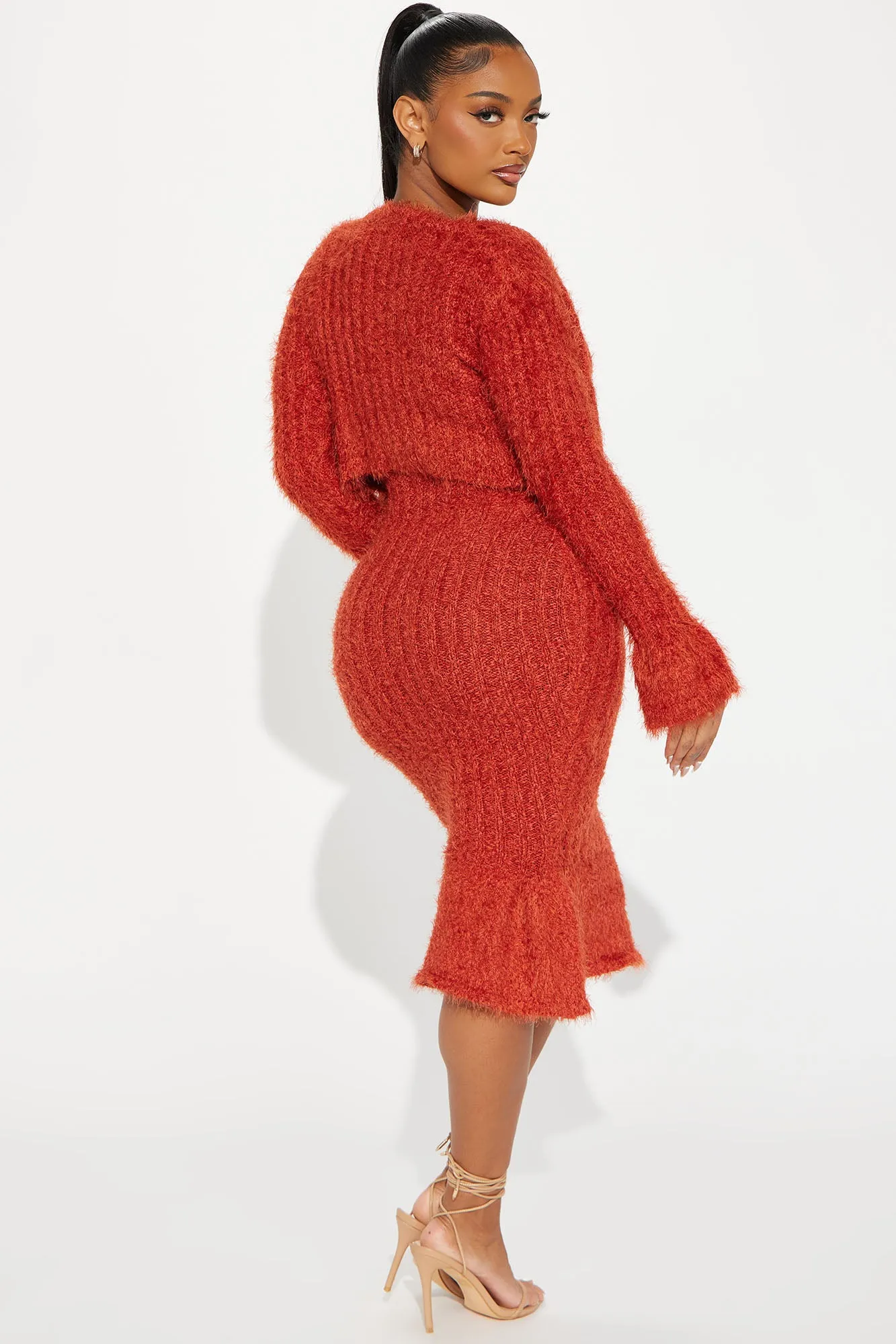 All Fuzzy Sweater Maxi  Dress Set - Rust