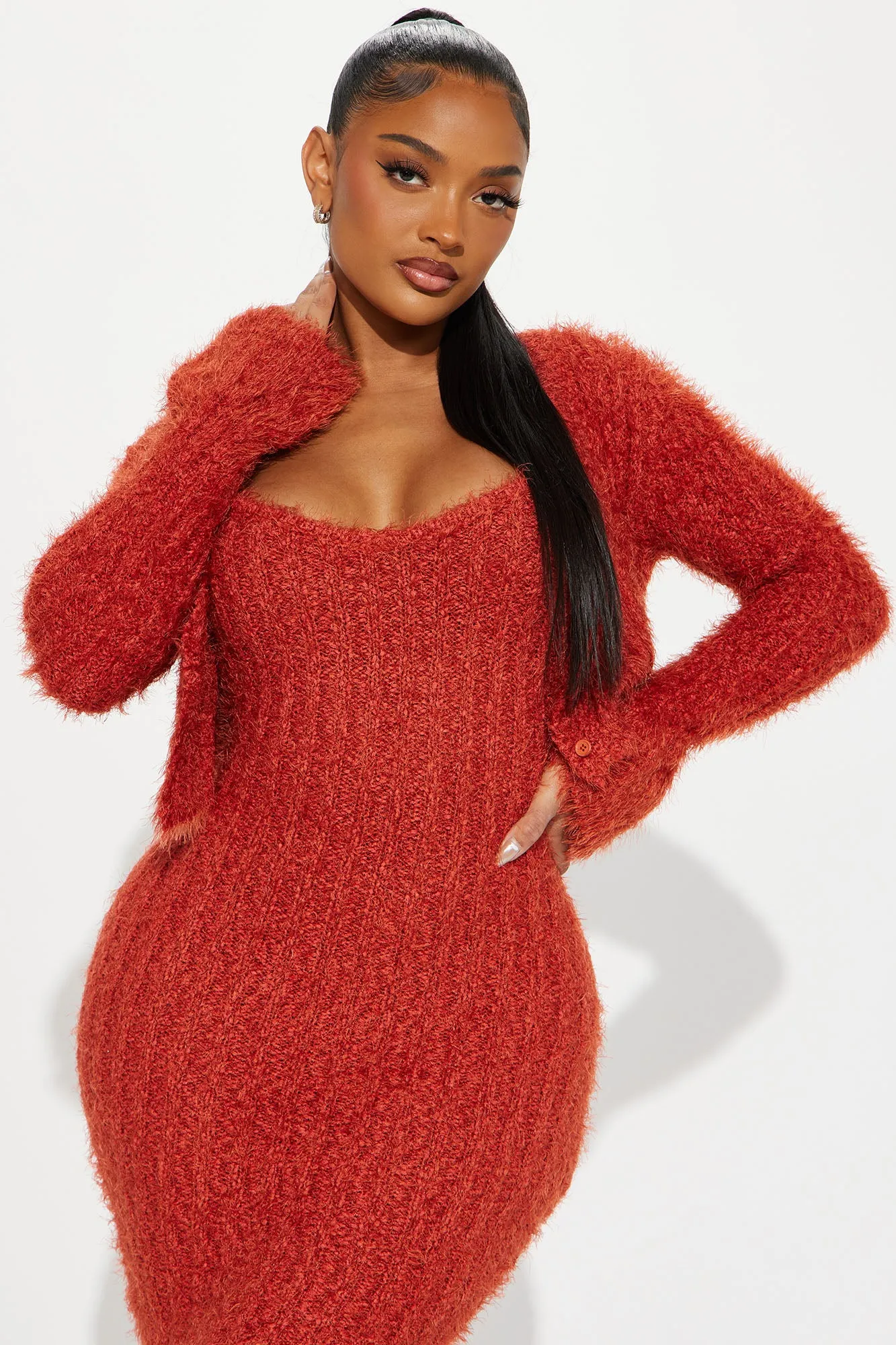 All Fuzzy Sweater Maxi  Dress Set - Rust