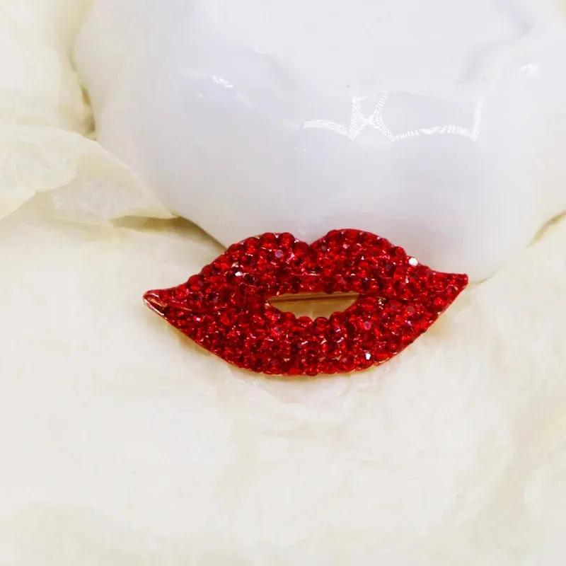 Alluring Red Lips Brooch Pin Sparkling with Dazzling Rhinestones