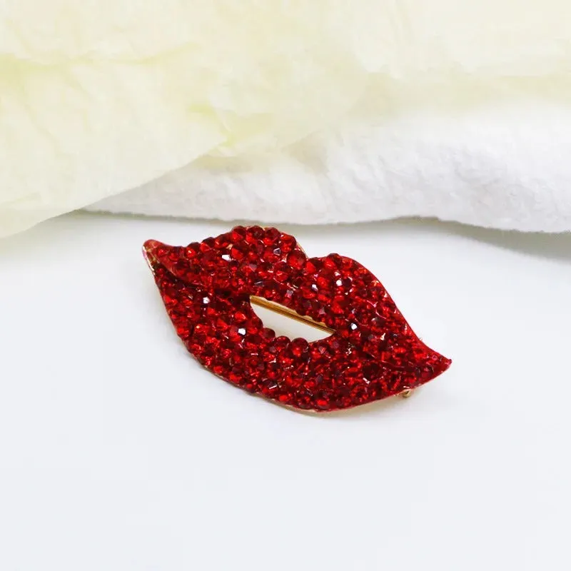 Alluring Red Lips Brooch Pin Sparkling with Dazzling Rhinestones