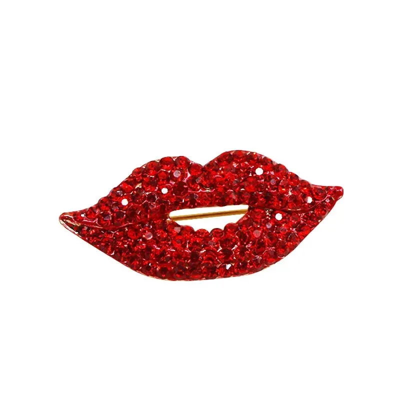 Alluring Red Lips Brooch Pin Sparkling with Dazzling Rhinestones