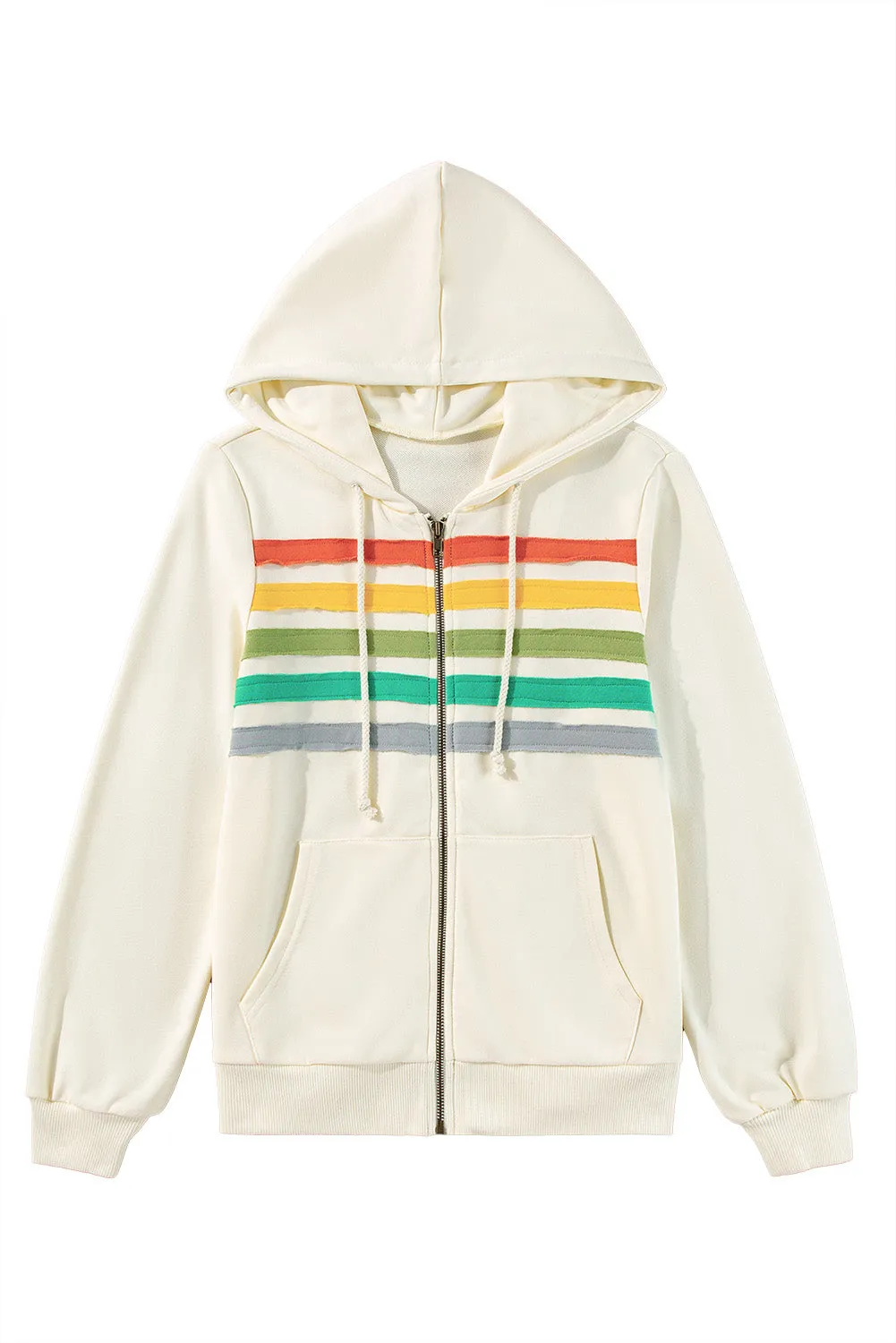 Apricot Colorblock Striped Patchwork Side Pockets Zipper Hoodie