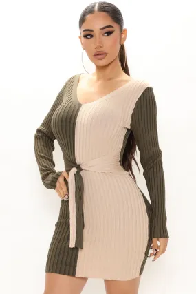 Autumn Falls Sweater Mini Dress - Olive/combo