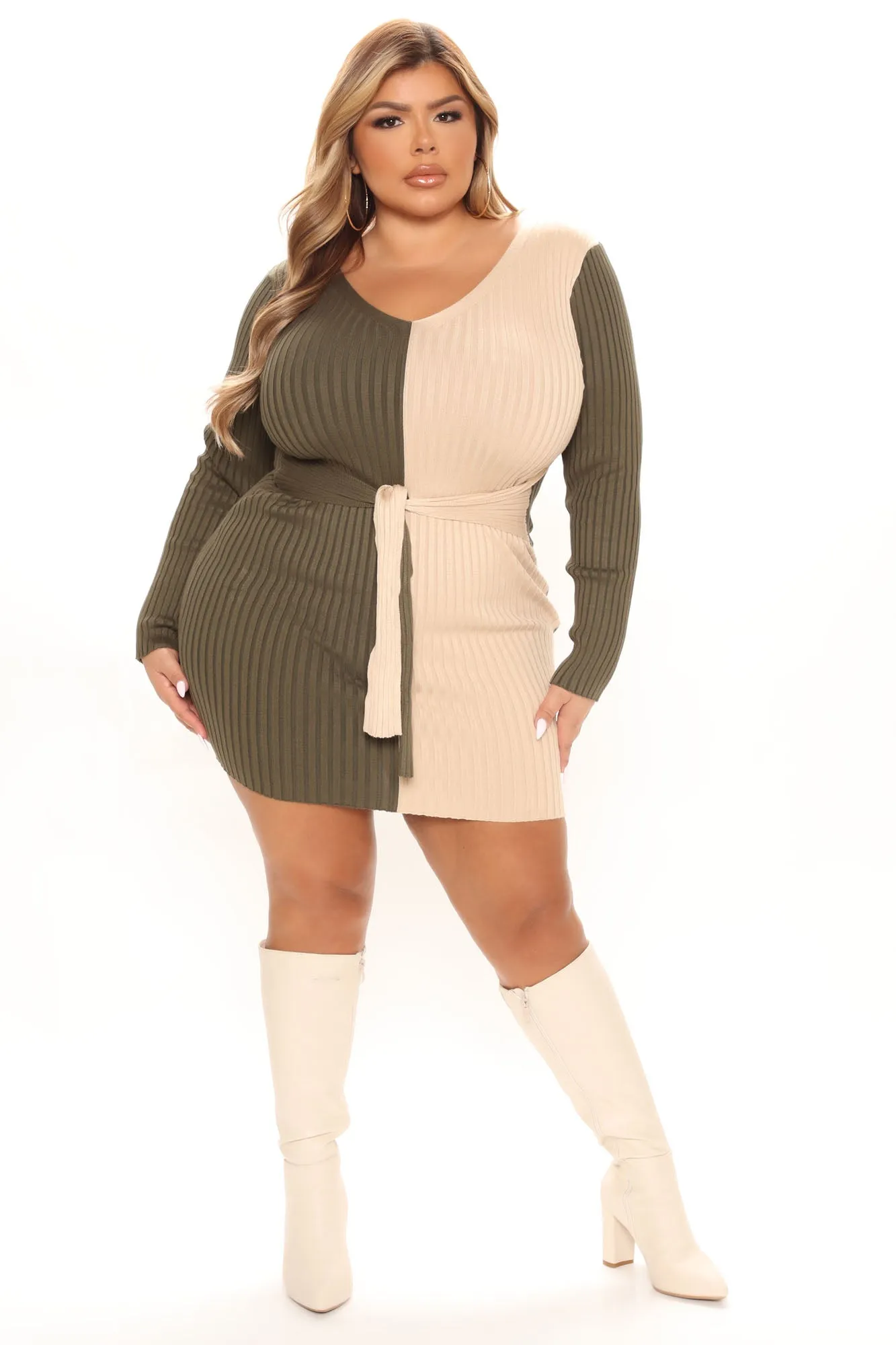 Autumn Falls Sweater Mini Dress - Olive/combo