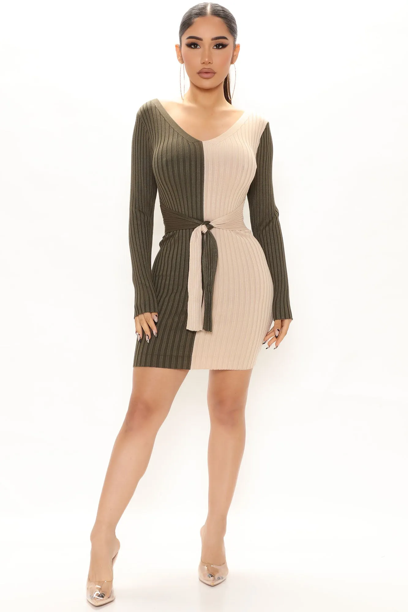 Autumn Falls Sweater Mini Dress - Olive/combo