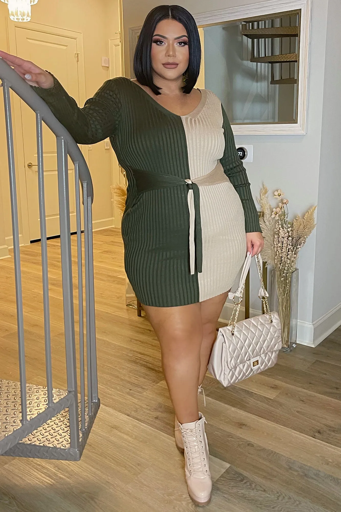 Autumn Falls Sweater Mini Dress - Olive/combo