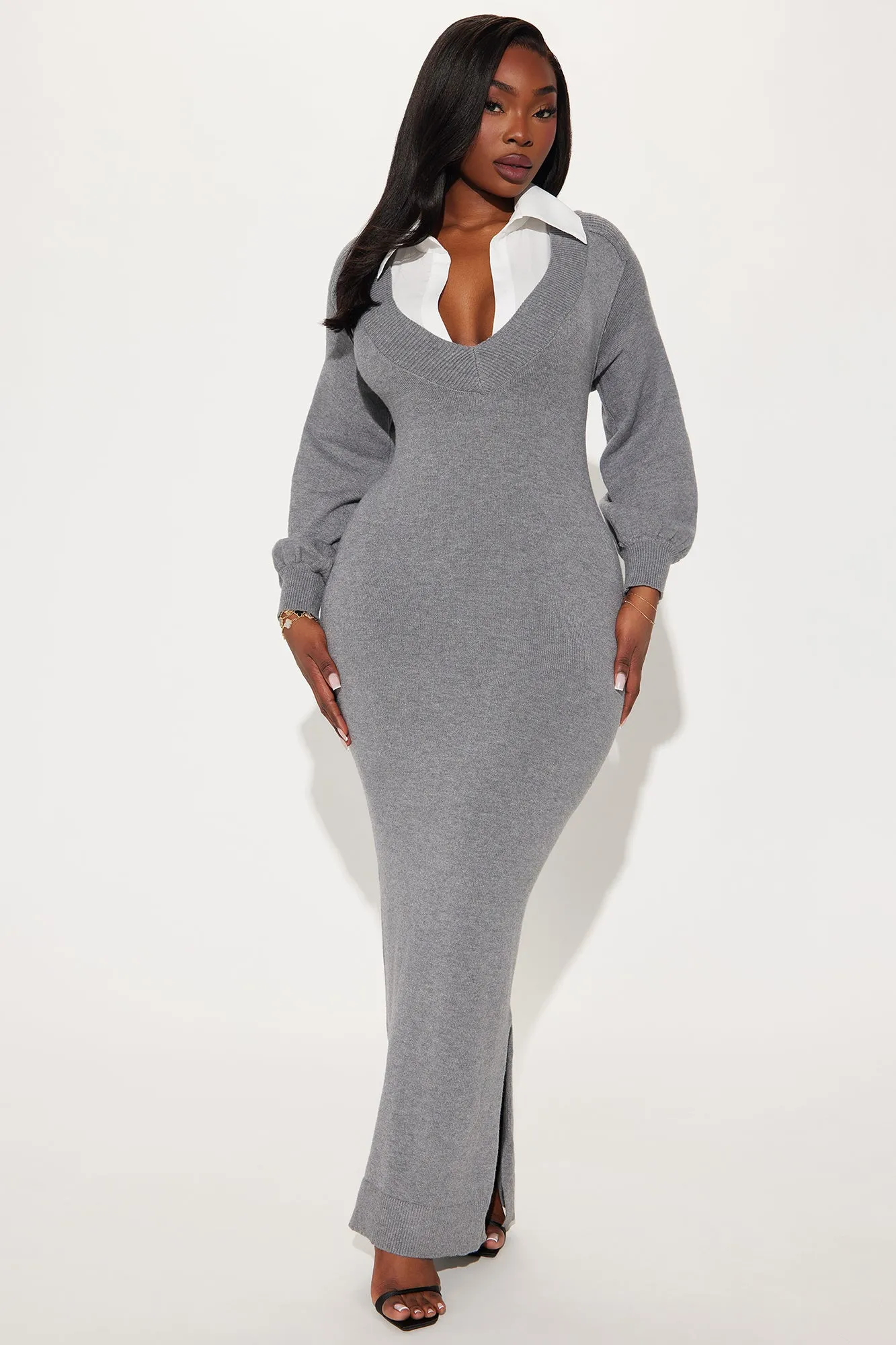 Bailey Collared Sweater Maxi Dress - Charcoal