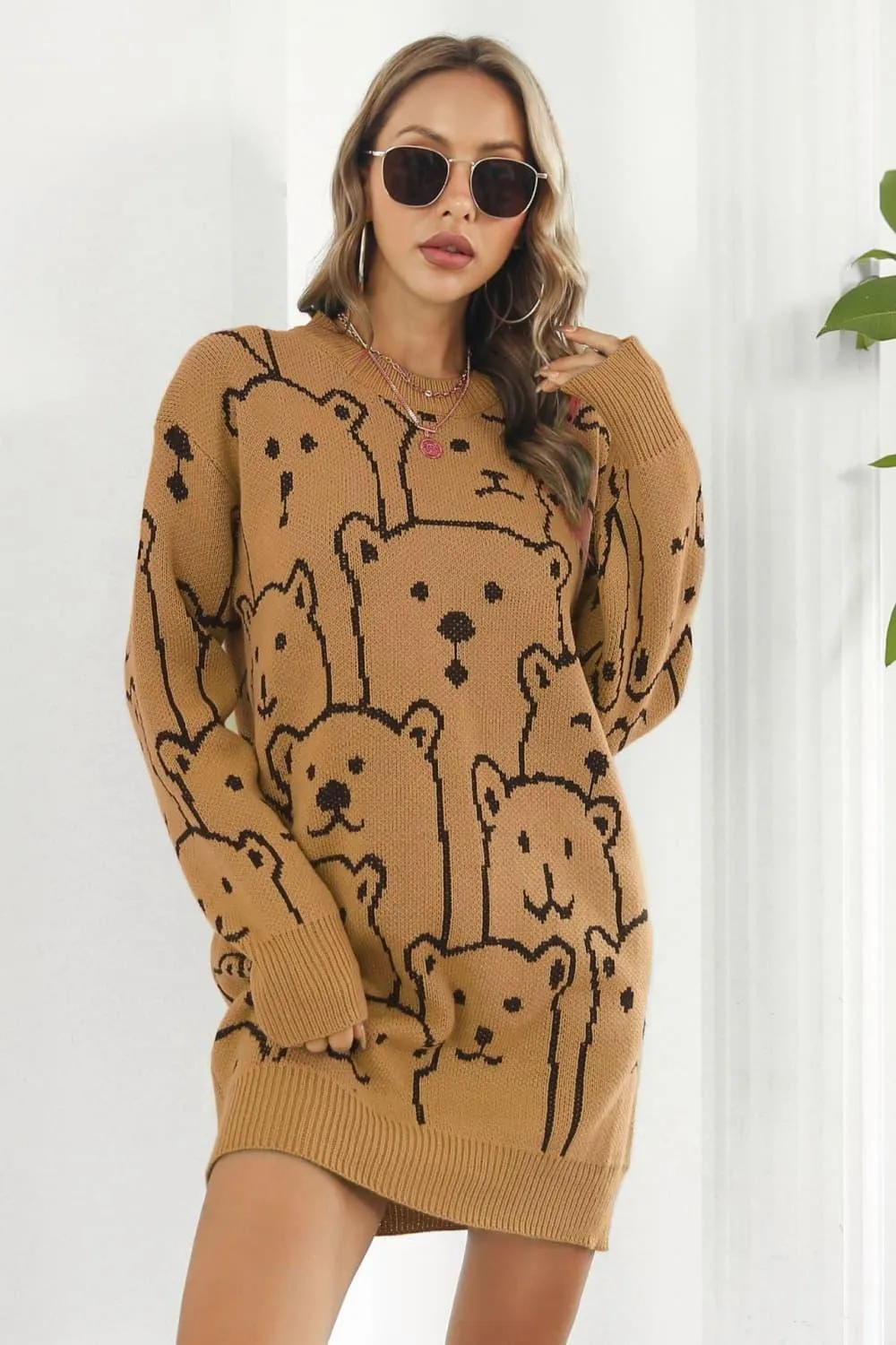 Bear Pattern Round Neck Sweater Dress