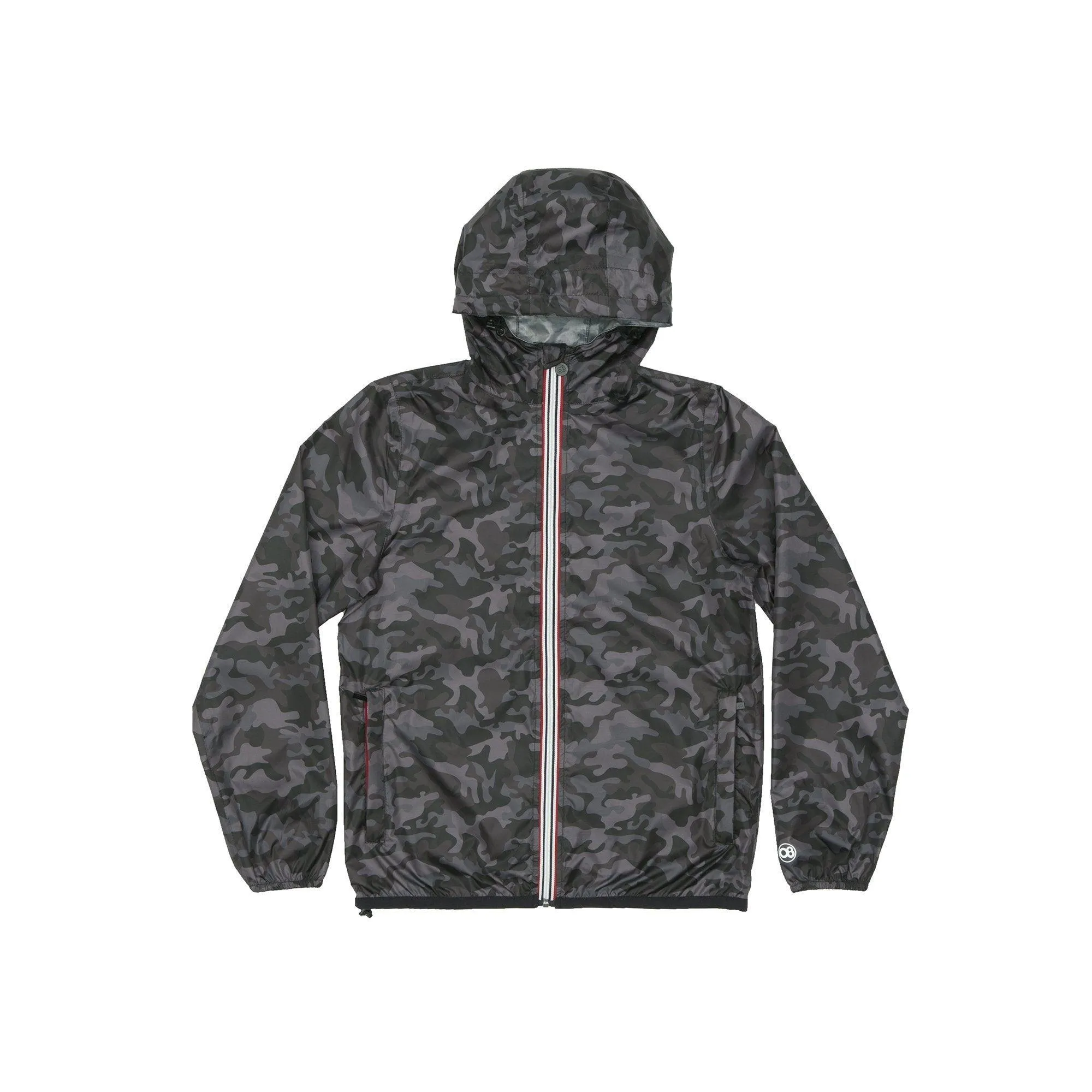 Black camo full zip packable rain jacket and windbreaker