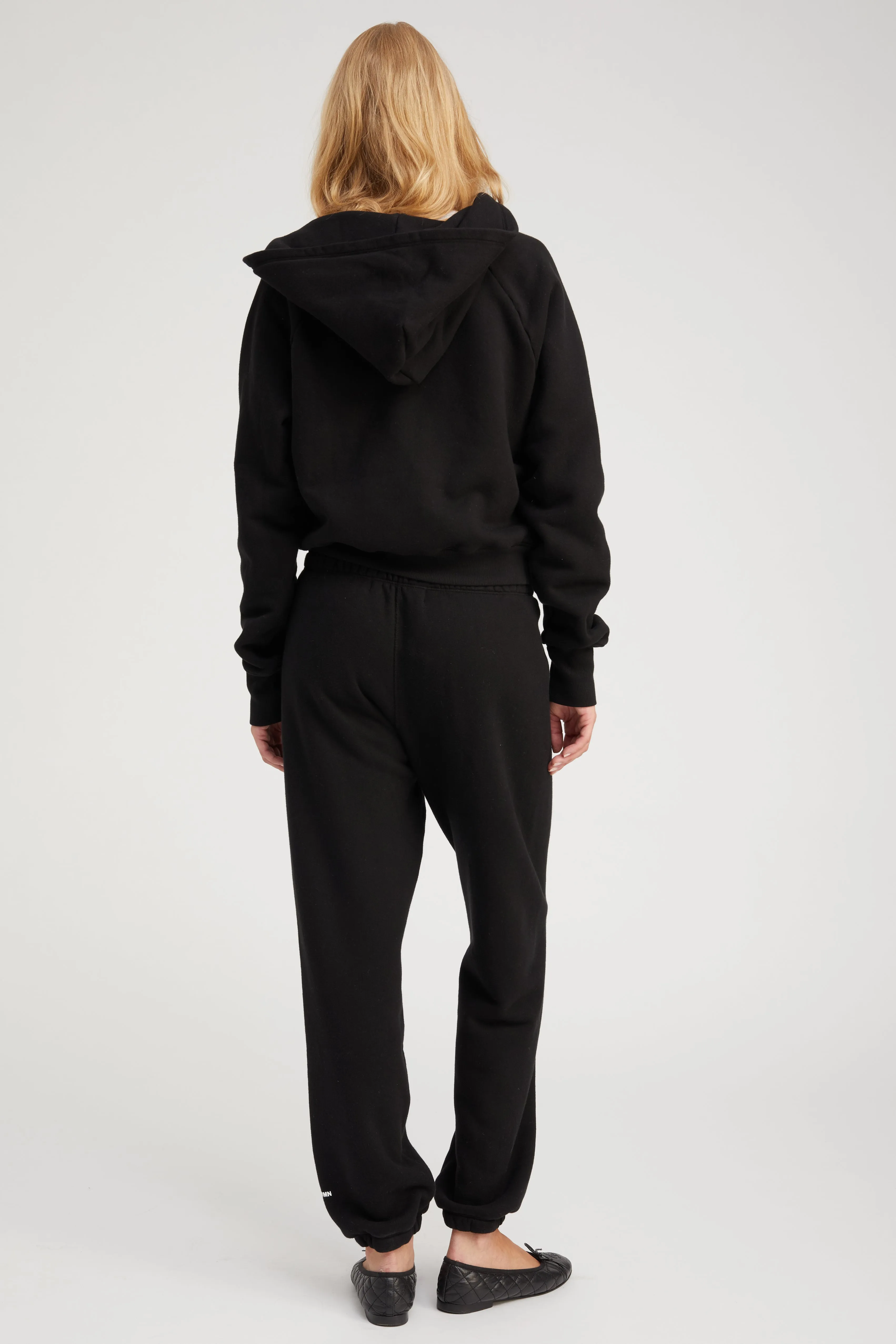 Black Cotton Shrunken Zip Up Hoodie