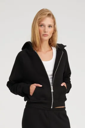 Black Cotton Shrunken Zip Up Hoodie