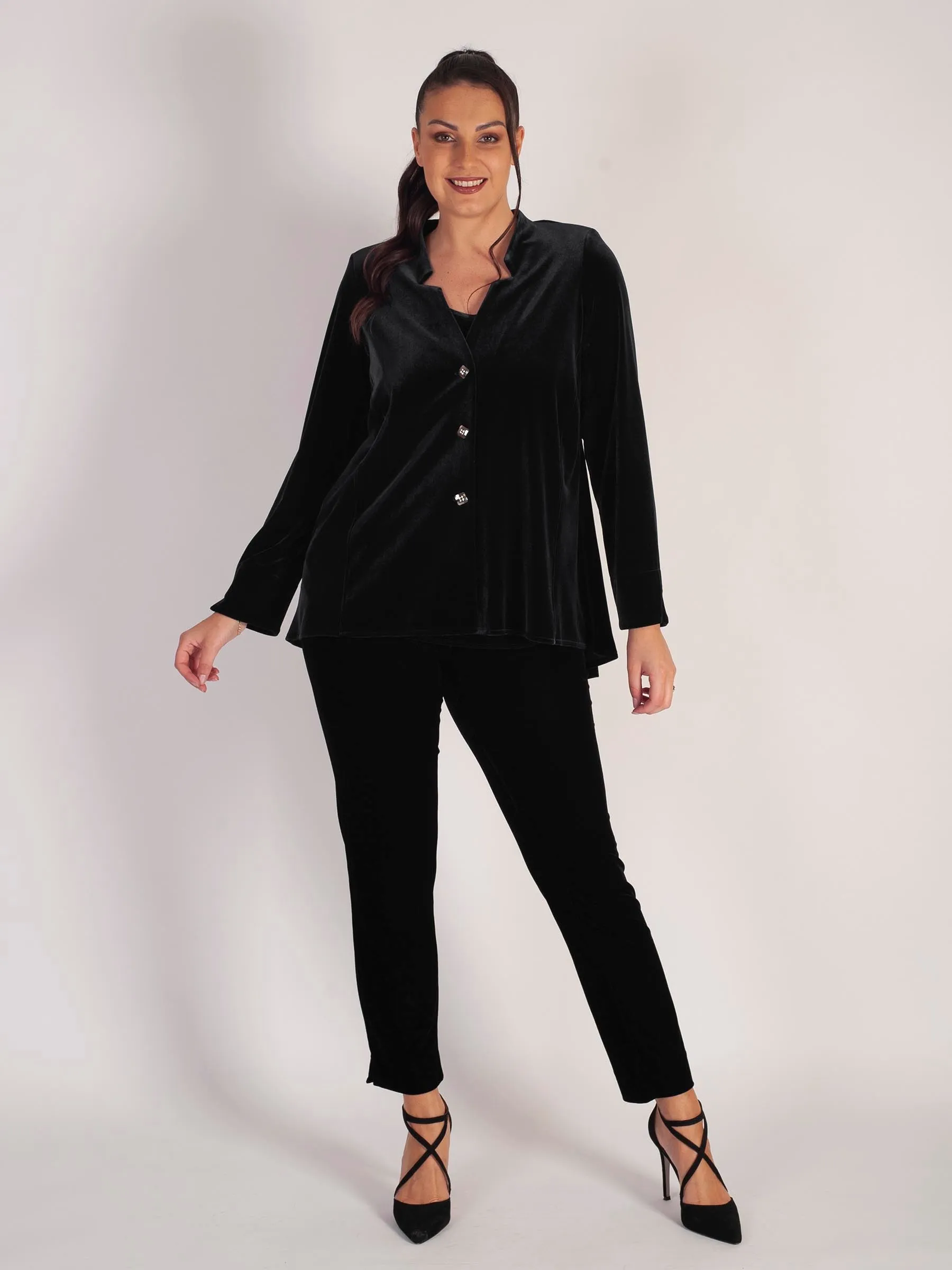 Black Notch Neck Stretch Velvet Diamond Back Detail Jacket