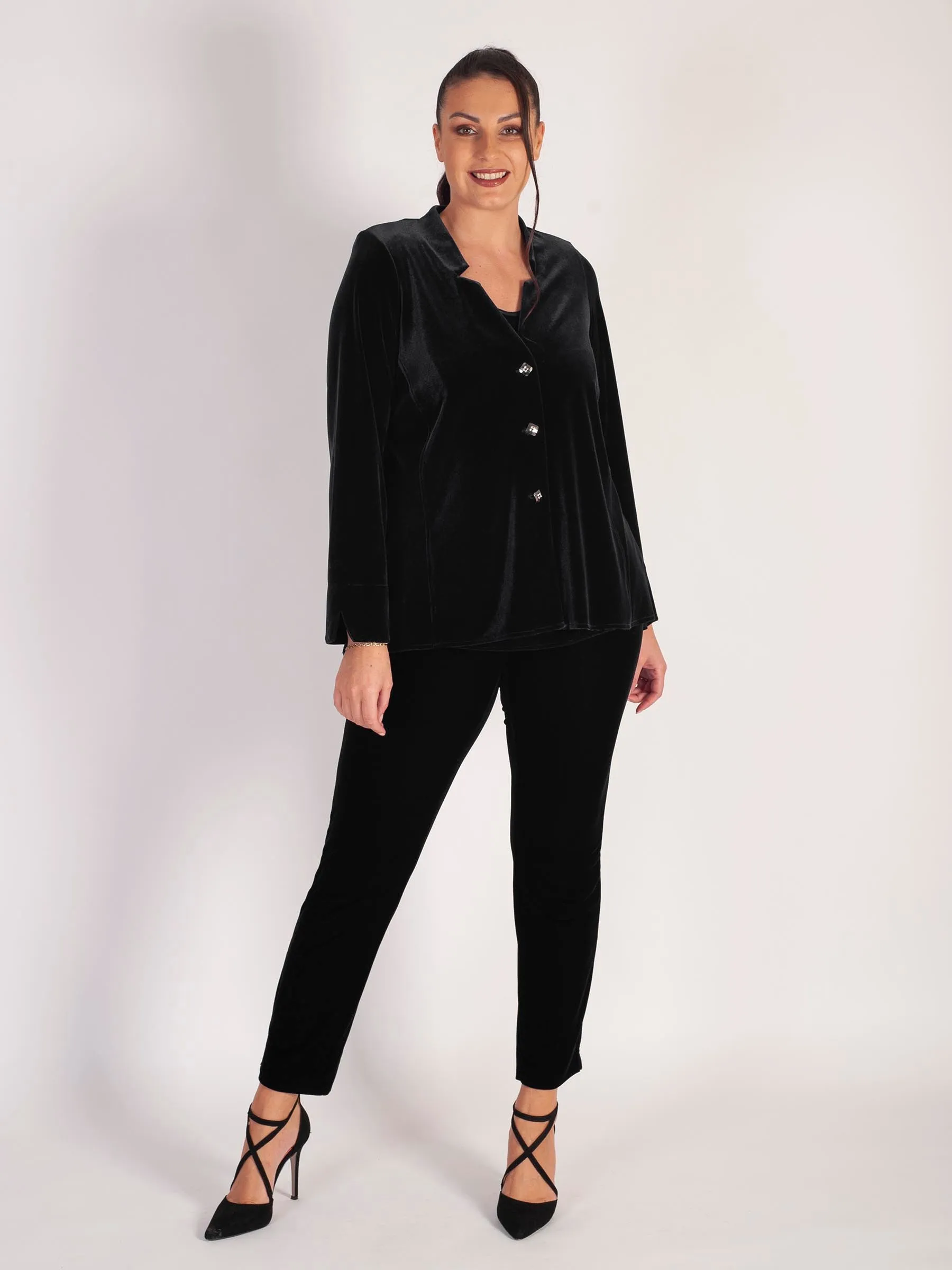 Black Notch Neck Stretch Velvet Diamond Back Detail Jacket