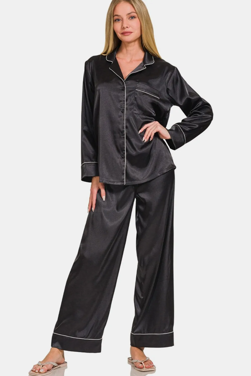 Black Satin Long Sleeve Shirt and Pants Pajama Set