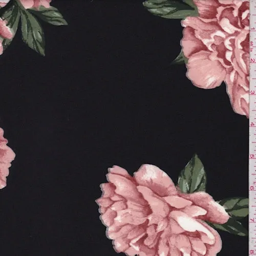 Black/Copper Red Peony Scuba Knit Fabric