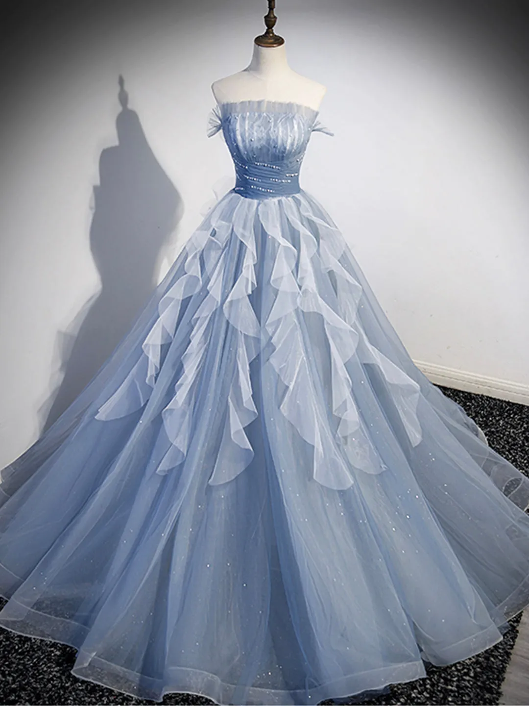 Blue Strapless Tulle Long Prom Dress, Chic A-Line Formal Dress with Long Sleeves