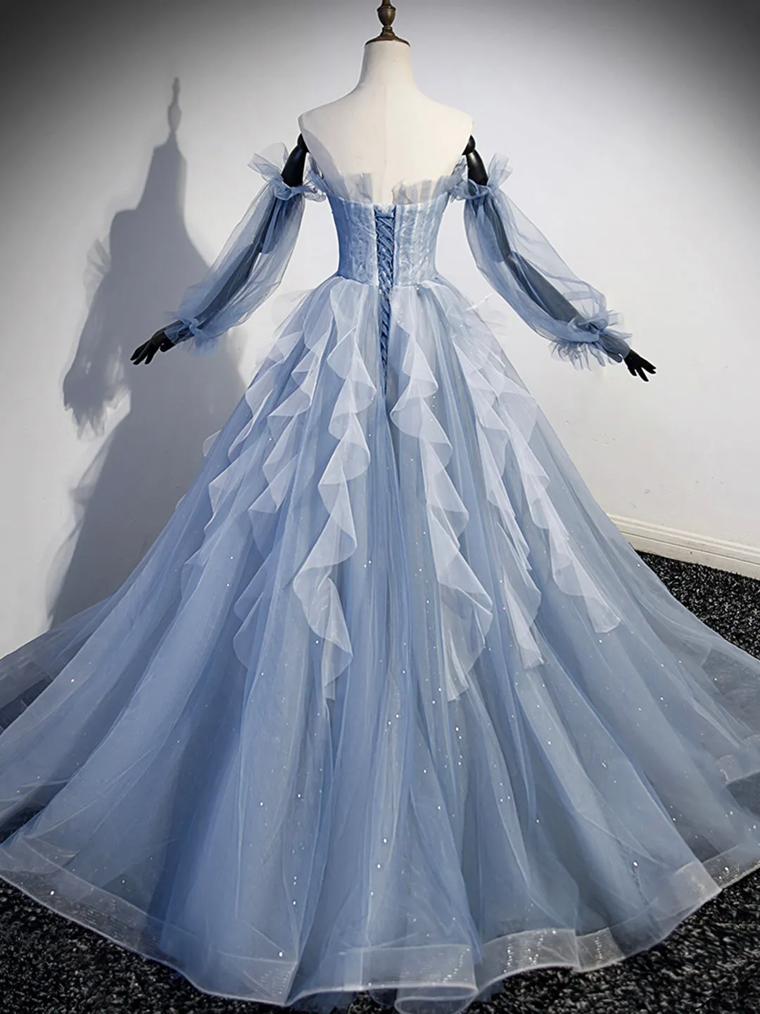 Blue Strapless Tulle Long Prom Dress, Chic A-Line Formal Dress with Long Sleeves