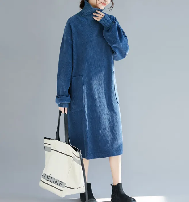 Blue Sweater Dresses Loose Fall Dresses Casual Women Dresses SSM97213