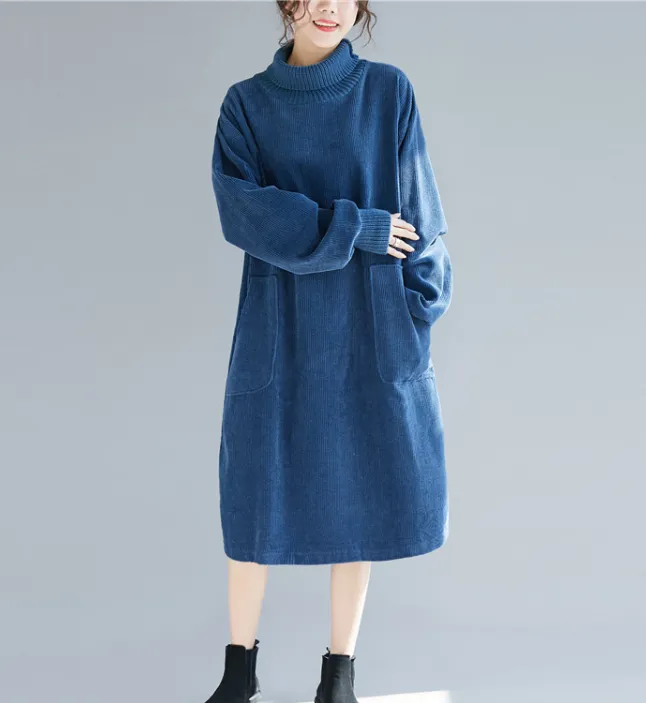 Blue Sweater Dresses Loose Fall Dresses Casual Women Dresses SSM97213