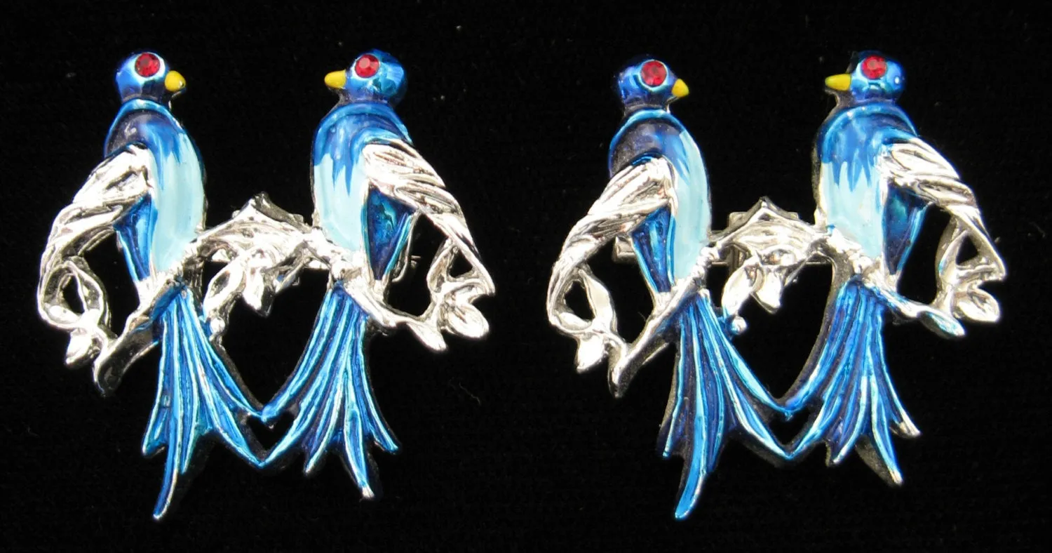 Bluebirds Scatter Pins Set Of 2 Rhinestone Eyes 1950s Blue And Silver Birds Brooch