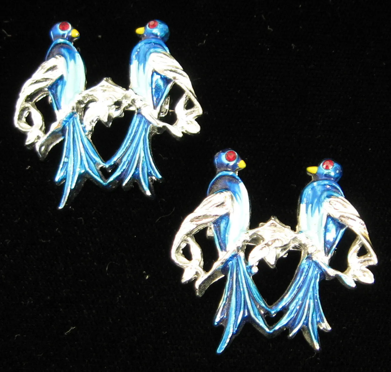 Bluebirds Scatter Pins Set Of 2 Rhinestone Eyes 1950s Blue And Silver Birds Brooch